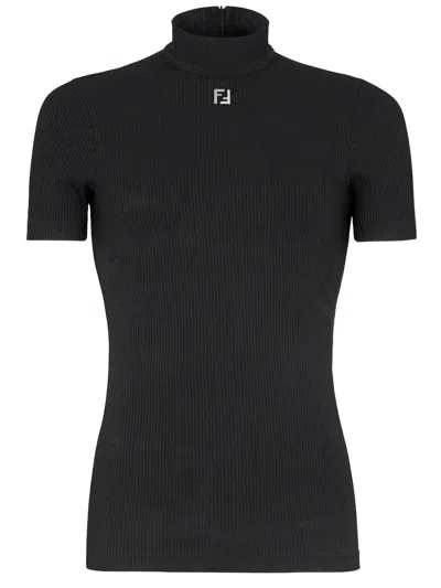 Fendi Men's Black Knit T-shirt With Stand Up Collar And Elasticated Design