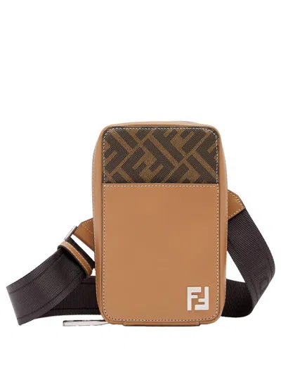 Fendi Brown Ff Jacquard Leather Phone Handbag For Men