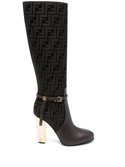 Fendi Brown Faux Leather Monogram Knee-high Boots For Women