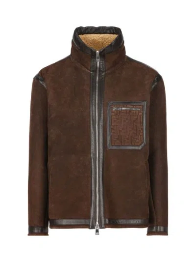 Fendi High Neck Oversized Jacket In Brown