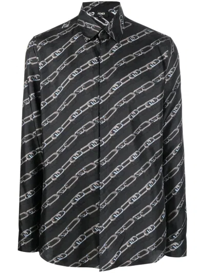 Fendi Ff-logo Print Silk Shirt In Gray