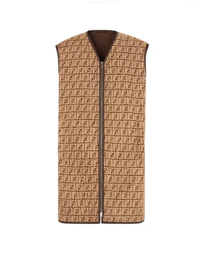 Fendi Men's Beige  Wool Vest With Ff Motif And Leather Trim