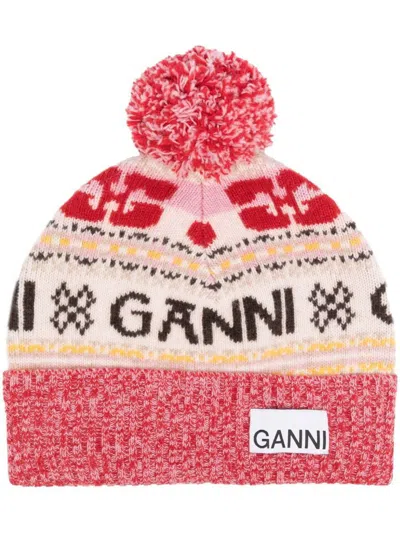 Ganni Logo-patch Intarsia-knit Beanie In Burgundy