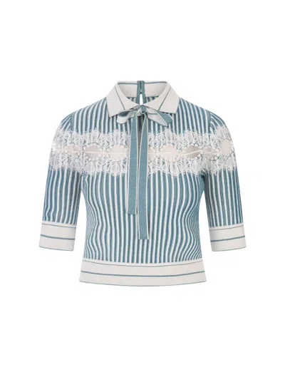 Elie Saab Lace-inset Metallic Pleated Knit Crop Polo Shirt In Blue