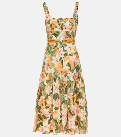 Agua By Agua Bendita Nispero Floral Linen Midi Dress In Orange