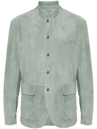 Eleventy Buttoned Suede Jacket In Green