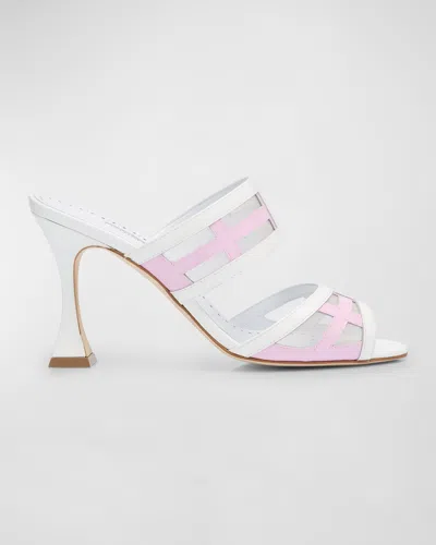 Manolo Blahnik Bicolor Leather Dual-band Slide Sandals In White/pink