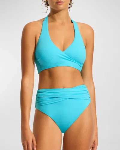 Seafolly High Waist Wrap-front Bikini Bottoms In Atoll Blue