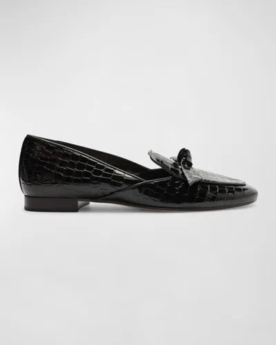 Alexandre Birman Clarita Croco Bow Slip-on Loafers In Black
