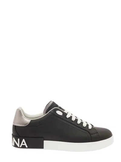 Dolce & Gabbana 'portofino' Black Low Top Sneakers With Metal Heel Tab And Logo Patch In Leather Man