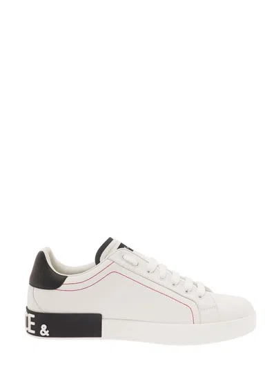 Dolce & Gabbana 'portofino' White Low Top Sneakers With Patch Logo And Red Stitching In Smooth Leather Man