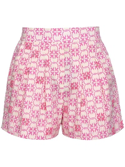 Pinko Shorts With Logo In Bianco E Rosa