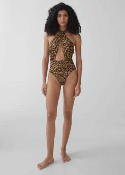 Mango Leopard Print Swimsuit Chocolate