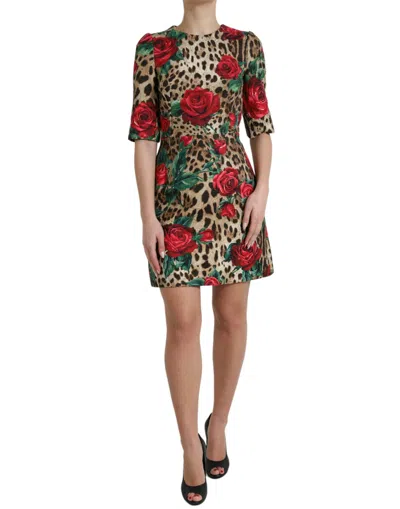 Dolce & Gabbana Elegant A-line Leopard & Floral Dress In Brown
