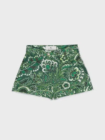 Etro Kids' Green Denim Shorts With Paisley Motif