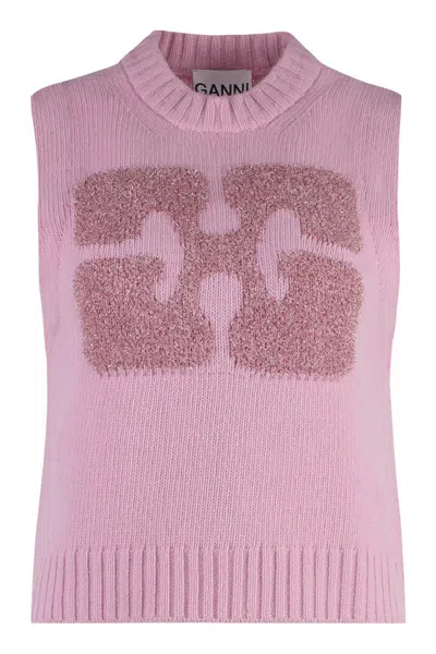 Ganni Wool Blend Knitted Front Vest In Pink