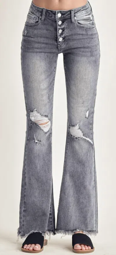 Risen Mid Rise Button Flare Jeans In Grey