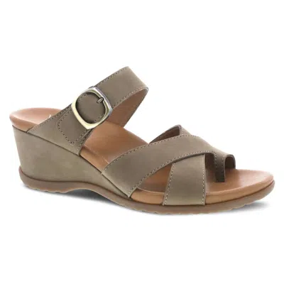 Dansko Women's Aubree Strappy Toe Loop Slide Wedge Sandal In Taupe Nubuck In Multi