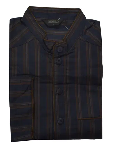 Grigio Perla Men's Striped Cotton Pajama Top In Navy/brown In Multi