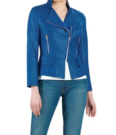 Clara Sunwoo Liquid Leather Textured Moto Jacket In Cobalt In Blue