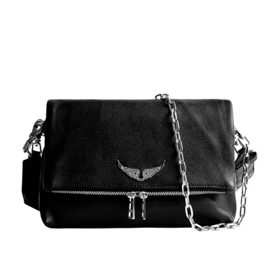 Zadig & Voltaire Zadig&voltaire Womens Noir Silver Rocky Swing Your Wings Leather Clutch Bag In Black