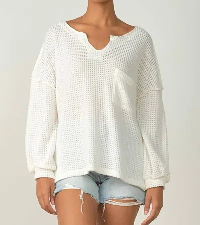 Elan Long Sleeve V-neck Front Thermal Sweater In White