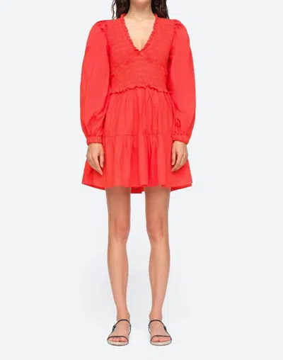 Sea Gaia Solid Cotton Long Sleeve Mini Dress In Scarlet In Red