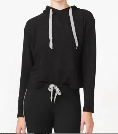 Monrow Pullover Hoodie With Chevron Drawcord In Black