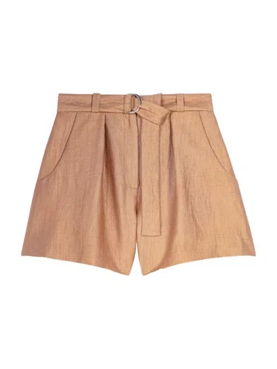 Maje Iostan Mid Rise Linen Blend Shorts In Brown