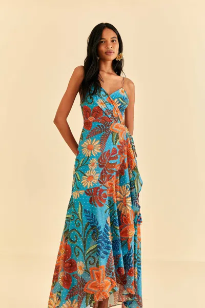 Farm Rio Blue Flower Dream Sleeveless Midi Dress In Flowers Dream Blue