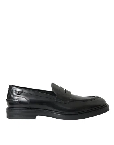Dolce & Gabbana Black Leather Flat Slip On Loafers Shoes