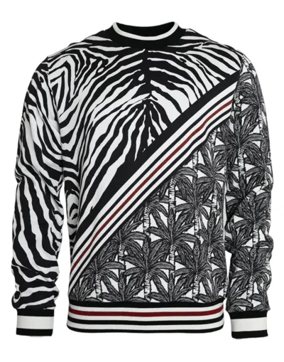 Dolce & Gabbana Black White Cotton Zebra Tree Crew Neck Sweater In Black And White