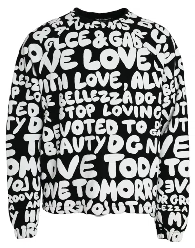 Dolce & Gabbana Black White Logo Print Crew Neck Sweatshirt Sweater In Black And White