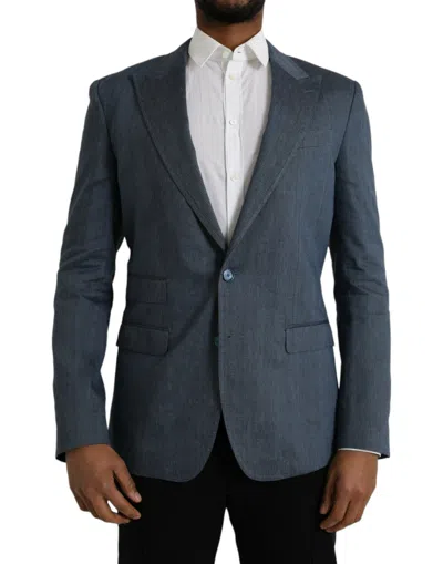 Dolce & Gabbana Blue Linen Napoli Single Breasted Coat Men's Blazer