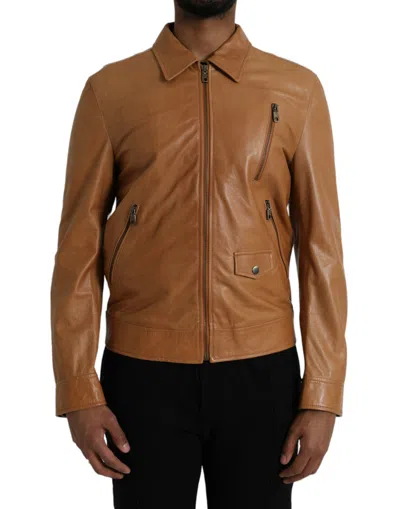 Dolce & Gabbana Brown Lamb Leather Full Zip Blouson Men's Jacket