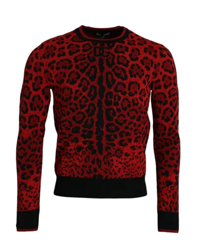 Dolce & Gabbana Red Leopard Wool Crew Neck Pullover Sweater In Black And Red