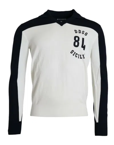 Dolce & Gabbana White Black Sicilia Henley Shirt Pullover Sweater In Black/white