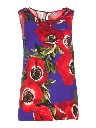 Dolce & Gabbana Charmeuse Tank Top With Anemone Print In Multicolour
