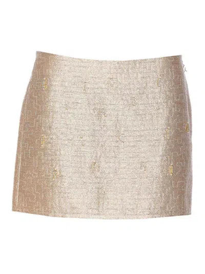 Elisabetta Franchi Crystal Embellished Tweed Mini Skirt In Gold