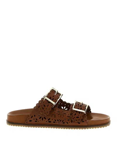 Twinset Openwork Leather Sandals In Brown