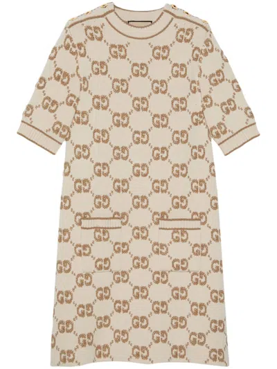 Gucci Gg-jacquard Wool Dress In Beige