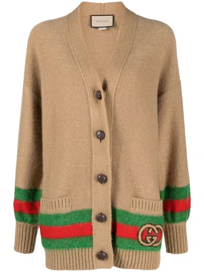 Gucci Web Detail Wool Cardigan In Brown