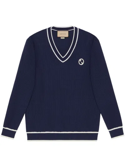 Gucci Knit Cotton Wool Jumper With Patch In Navy