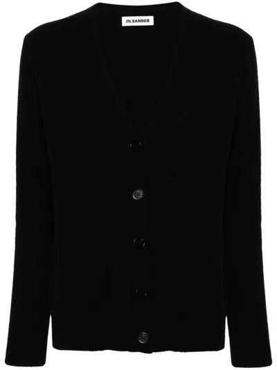Jil Sander Logo-engraved-buttons Wool Cardigan In Black