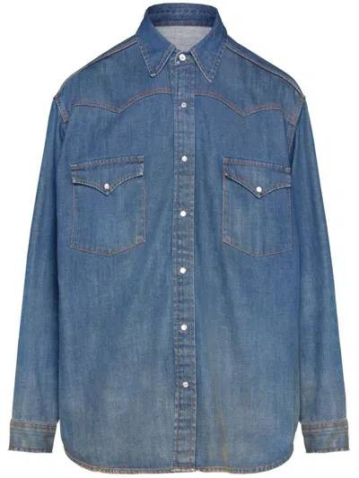 Maison Margiela Indigo Blue Cotton Denim Contrast Stitching Shirt For Men