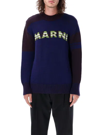 Marni Two-tone Mouliné Jumper With Striped Logo In Blue