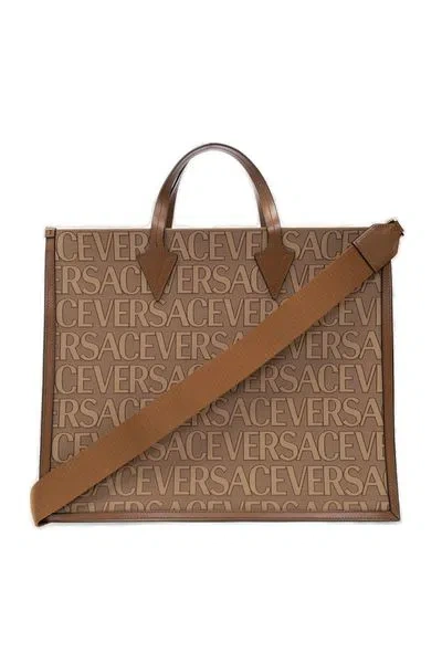 Versace All Over Logo Large Tote Bag In Beige
