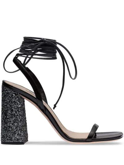 Miu Miu Glitter Leather Ankle-wrap Sandals In Black