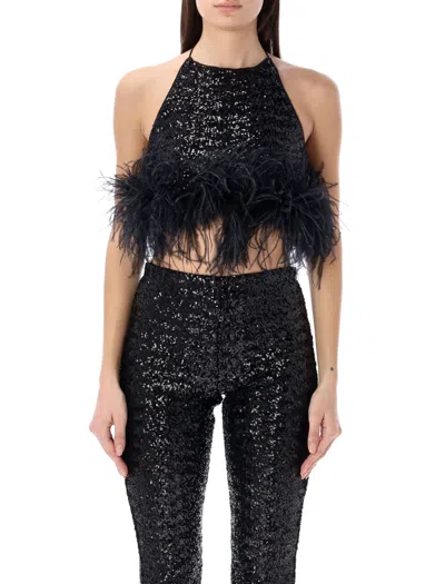 Oseree Feather-trimmed Sequined Tulle Halterneck Top In Black