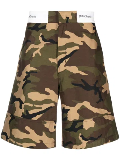 Palm Angels Sartorial-waistband Camouflage-print Shorts In Green